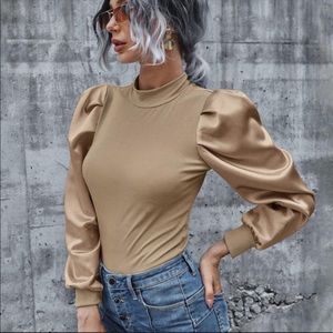 Ribbed Long Sleeve Puff Top- KHAKI